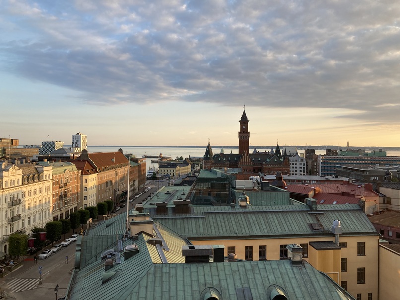 Helsingborg vue des hauteurs, avec l’Öresund en arrière plan